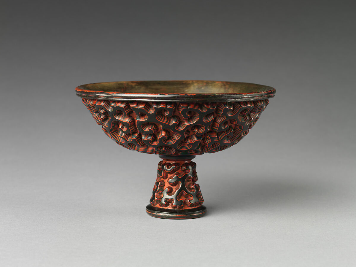 Stem cup with stylized clouds, Carved black and red lacquer (tixi), China 