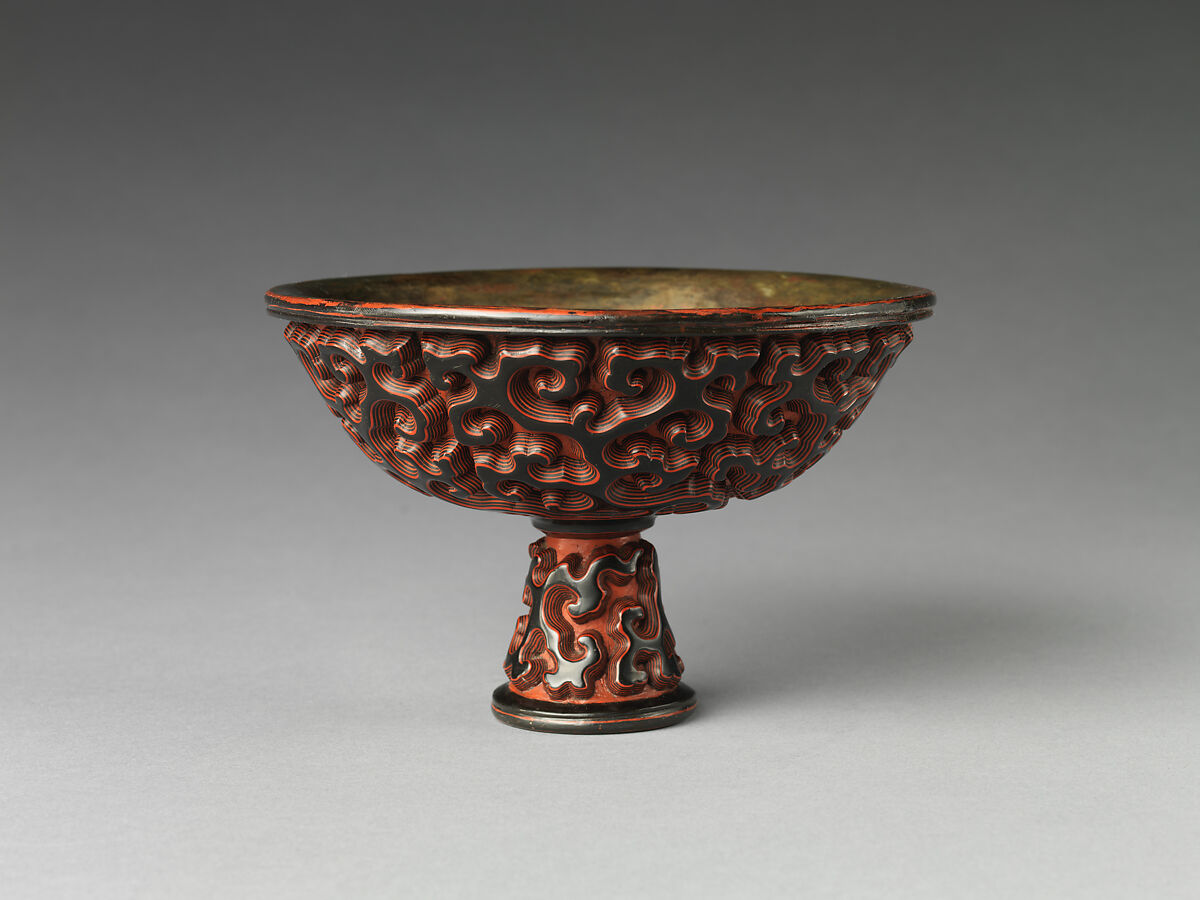 Stem cup with stylized clouds, Carved black and red lacquer (tixi), China