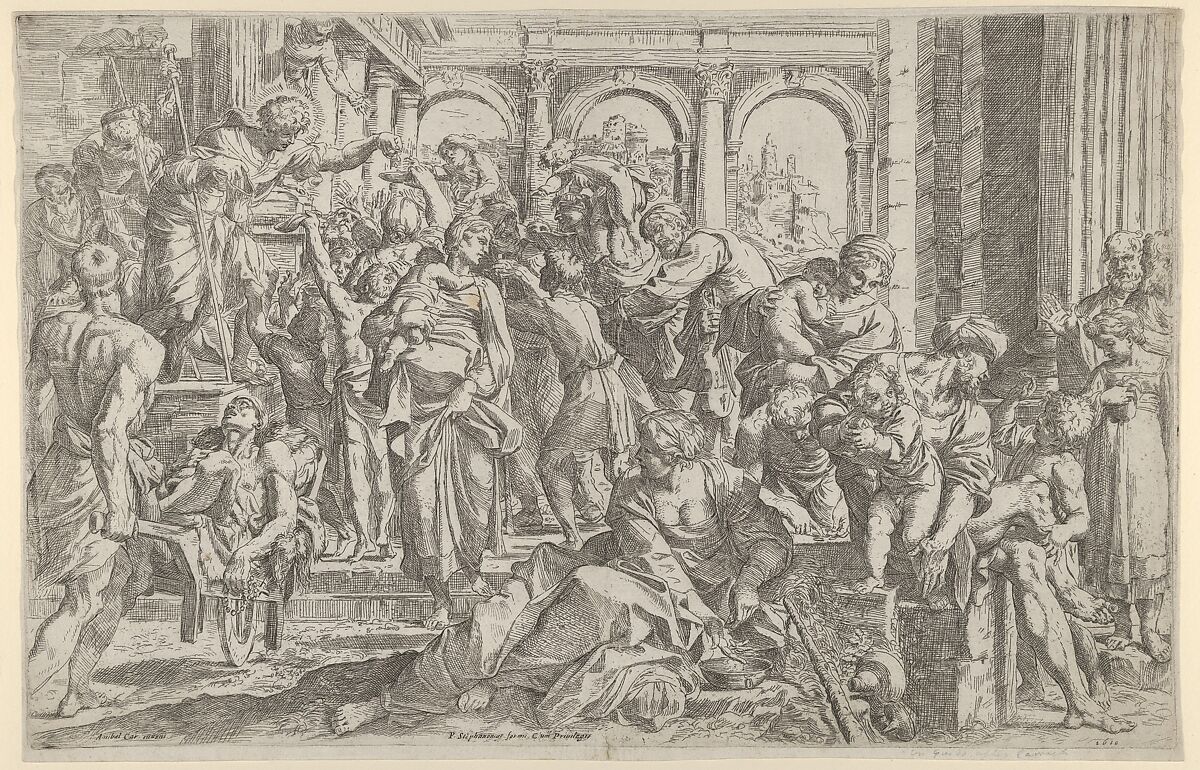 Saint Roch at left distributing alms to a group of people gathered around him, Francesco Brizio (Italian, Bologna ca. 1574–1623 Bologna), Etching 