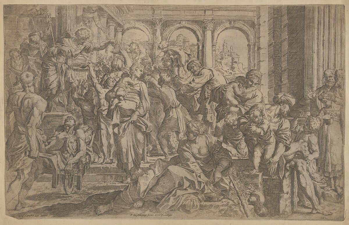 Saint Roch at left distributing alms to a group of people gathered around him, after Annibale Caracci, Francesco Brizio (Italian, Bologna ca. 1574–1623 Bologna), Etching 