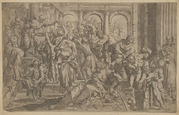 Saint Roch at left distributing alms to a group of people gathered around him, after Annibale Caracci