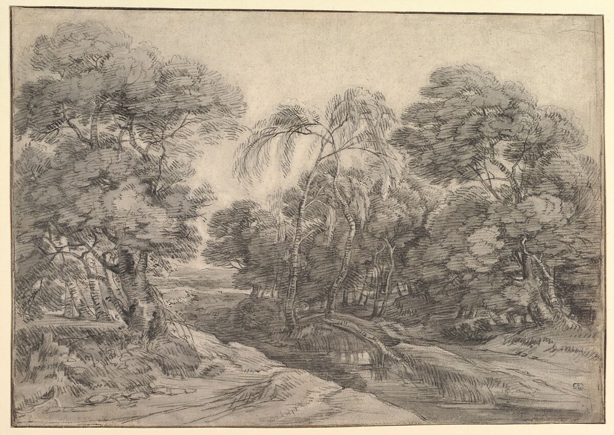 Forest Landscape, Lodewijk de Vadder (Flemish, Brussels 1605–1655 Brussels), Black chalk, brush and gray wash; framing lines in pen and brown ink 