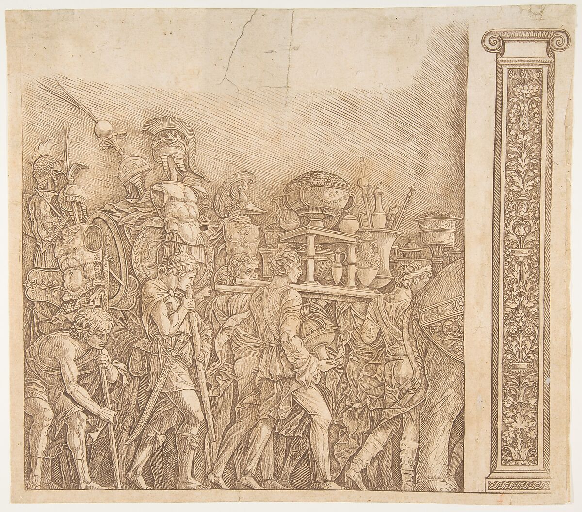 Triumph of Caesar: soldiers carrying trophies (pilaster at right), Gian Marco Cavalli (Italian, ca. 1454–after 1508, activity documented 1475–1508), Engraving, printed in brown 