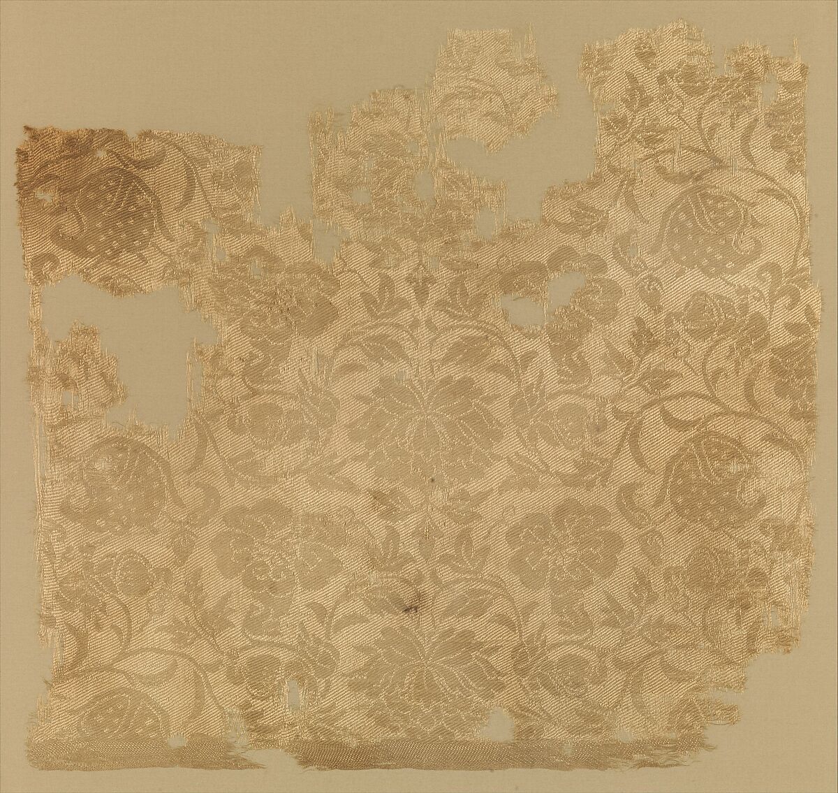 Textile fragment with boys in floral scrolls, Silk twill damask (ling), China 