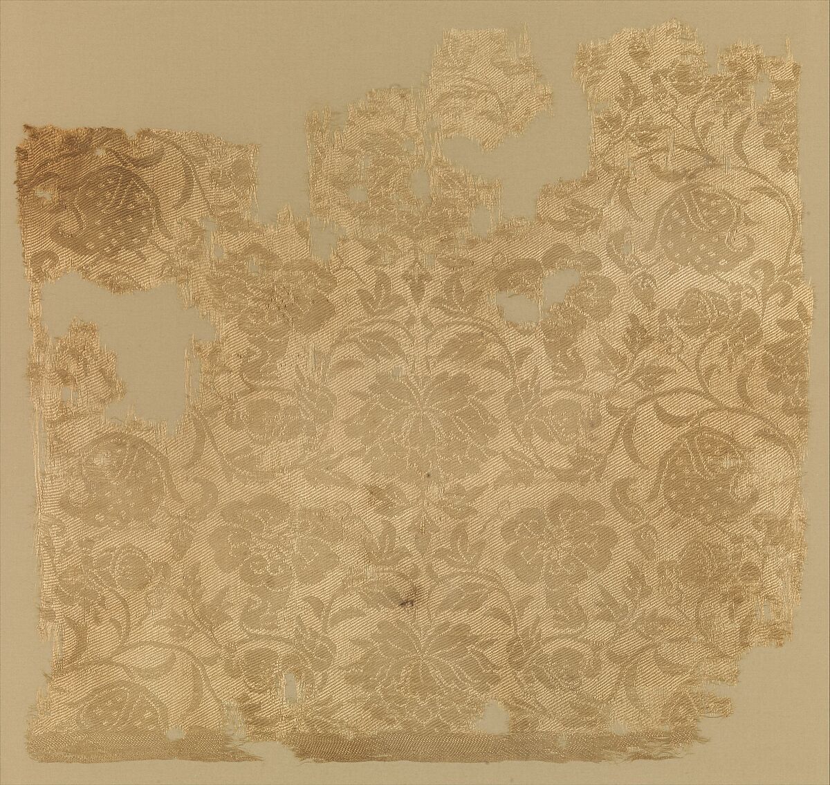 Textile fragment with boys in floral scrolls, Silk twill damask (ling), China