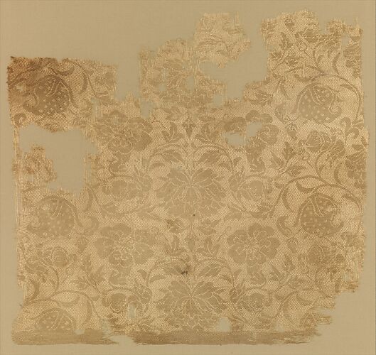 Textile fragment with boys in floral scrolls