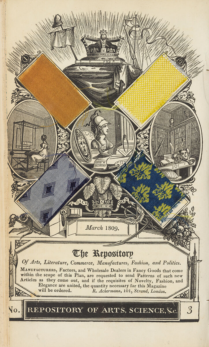 The Repository of Arts, Literature, Commerce, Manufactures, Fashions, and Politics, 1st series, vol. 1, Rudolph Ackermann, London (British, active 1794–1832), Illustrations: hand-colored etching, woodcut, and textile samples 