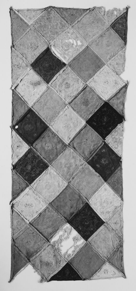 Embroidered Patchwork Panel, Silk needle-loop embroidery over gilt paper on simple gauze silk, silk damask, silk satin, and plain weave silk, China