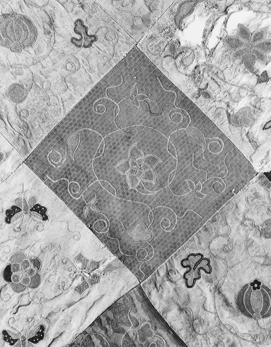 Embroidered Patchwork Panel, Silk needle-loop embroidery over gilt paper on simple gauze silk, silk damask, silk satin, and plain weave silk, China