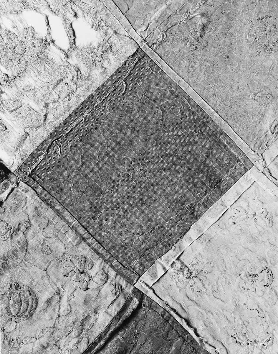 Embroidered Patchwork Panel, Silk needle-loop embroidery over gilt paper on simple gauze silk, silk damask, silk satin, and plain weave silk, China