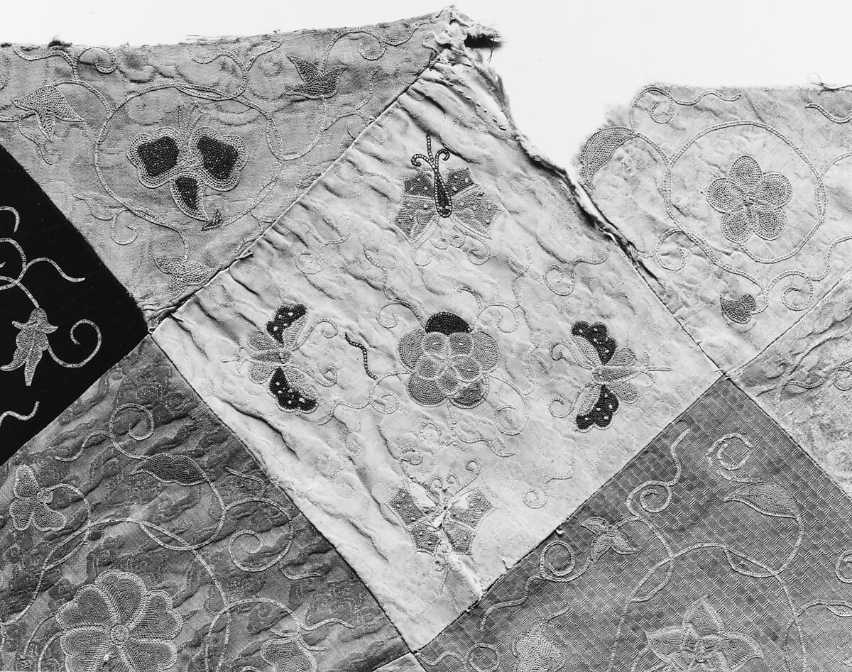 Embroidered Patchwork Panel, Silk needle-loop embroidery over gilt paper on simple gauze silk, silk damask, silk satin, and plain weave silk, China