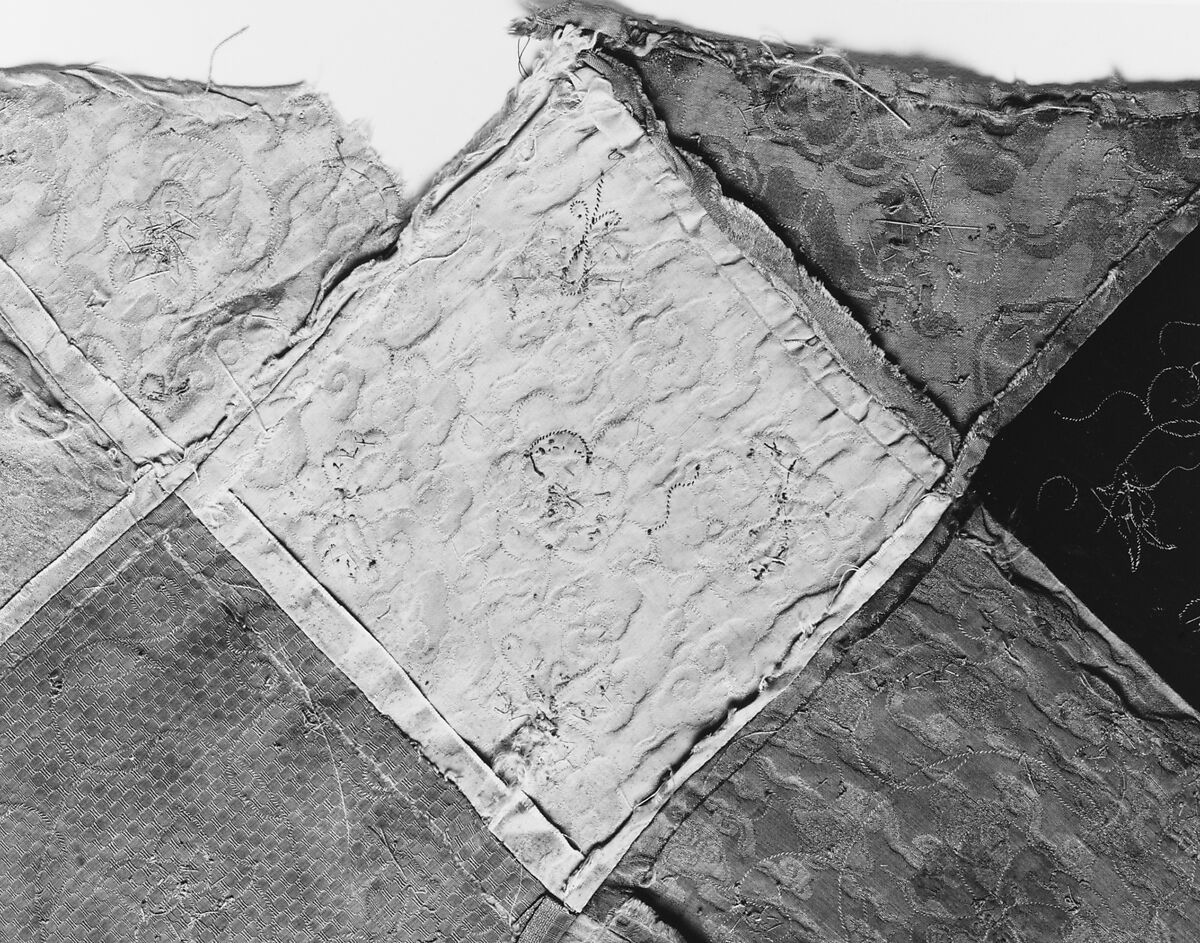 Embroidered Patchwork Panel, Silk needle-loop embroidery over gilt paper on simple gauze silk, silk damask, silk satin, and plain weave silk, China