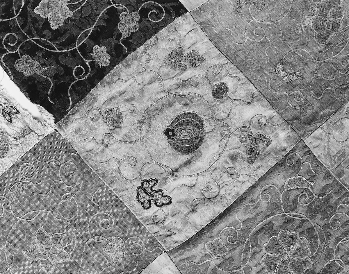 Embroidered Patchwork Panel, Silk needle-loop embroidery over gilt paper on simple gauze silk, silk damask, silk satin, and plain weave silk, China