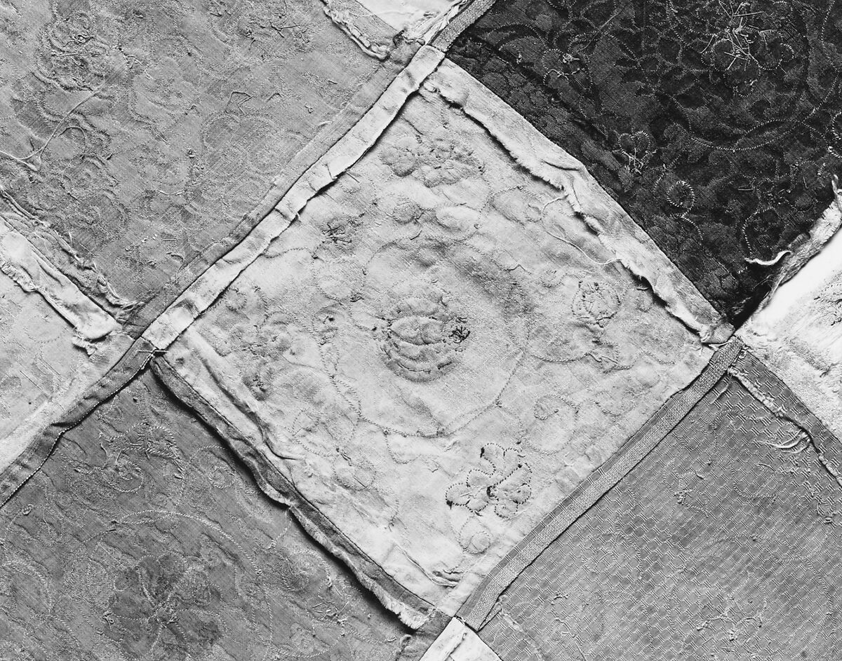 Embroidered Patchwork Panel, Silk needle-loop embroidery over gilt paper on simple gauze silk, silk damask, silk satin, and plain weave silk, China