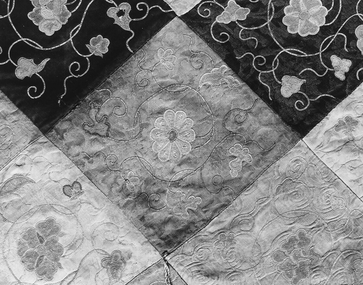 Embroidered Patchwork Panel, Silk needle-loop embroidery over gilt paper on simple gauze silk, silk damask, silk satin, and plain weave silk, China