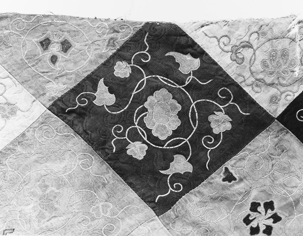 Embroidered Patchwork Panel, Silk needle-loop embroidery over gilt paper on simple gauze silk, silk damask, silk satin, and plain weave silk, China