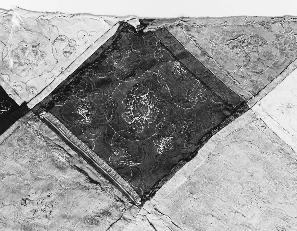 Embroidered Patchwork Panel, Silk needle-loop embroidery over gilt paper on simple gauze silk, silk damask, silk satin, and plain weave silk, China