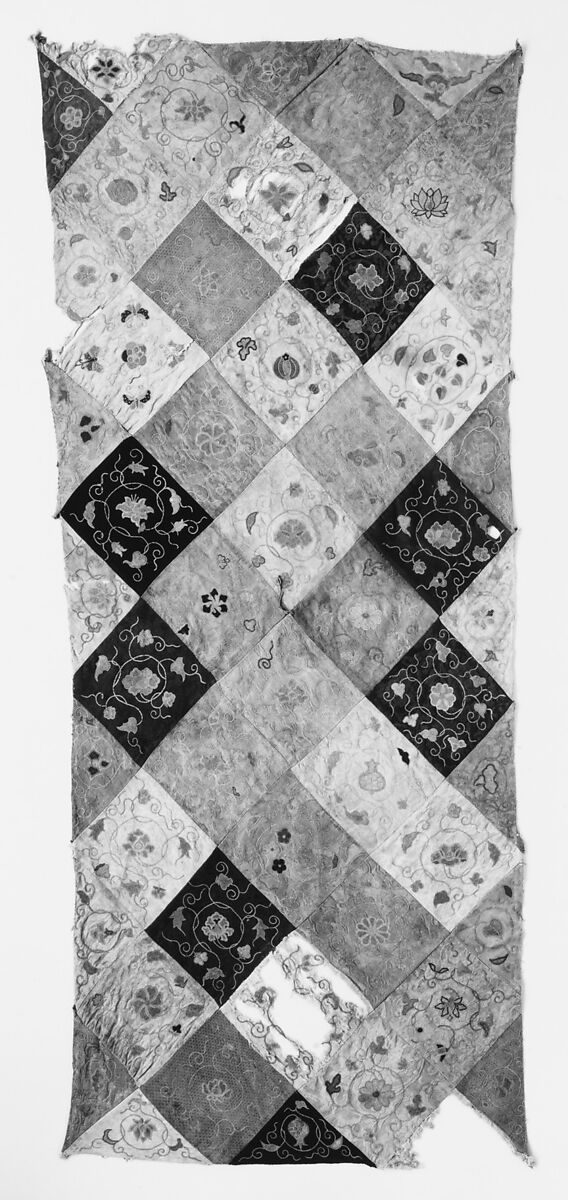 Embroidered Patchwork Panel, Silk needle-loop embroidery over gilt paper on simple gauze silk, silk damask, silk satin, and plain weave silk, China