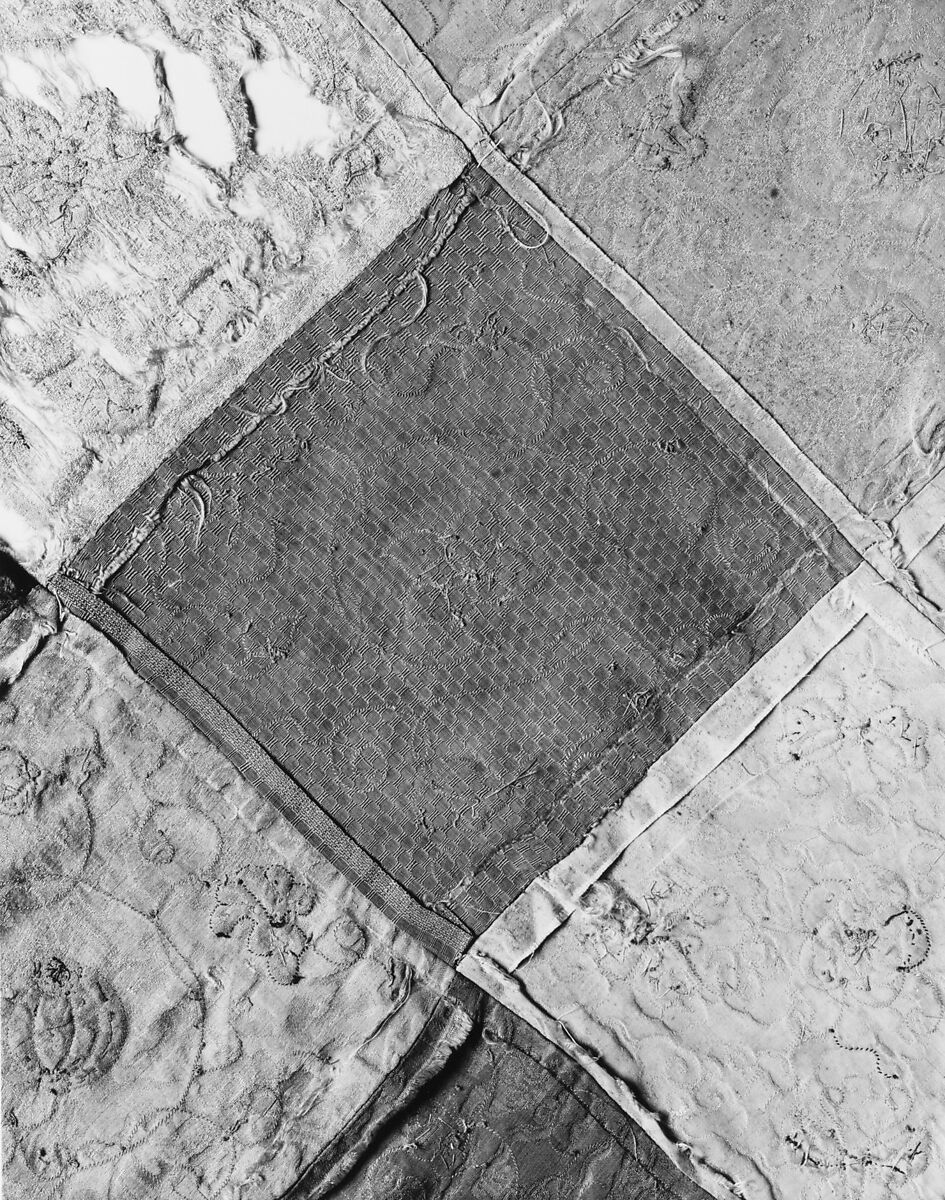 Embroidered Patchwork Panel, Silk needle-loop embroidery over gilt paper on simple gauze silk, silk damask, silk satin, and plain weave silk, China