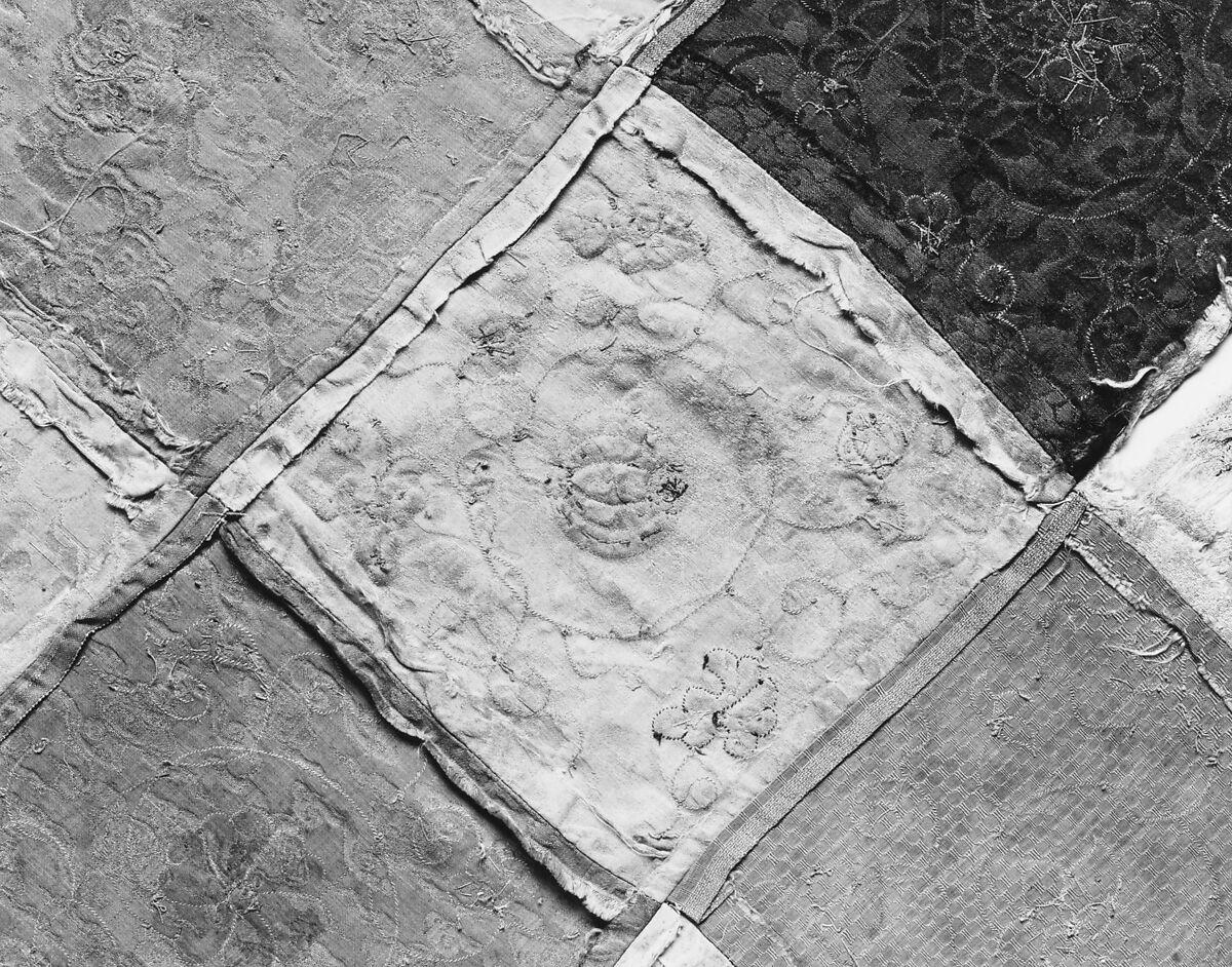 Embroidered Patchwork Panel, Silk needle-loop embroidery over gilt paper on simple gauze silk, silk damask, silk satin, and plain weave silk, China