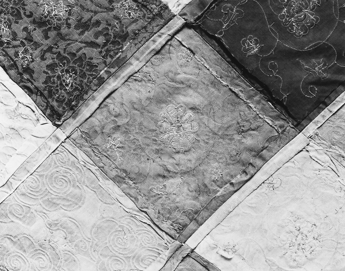 Embroidered Patchwork Panel, Silk needle-loop embroidery over gilt paper on simple gauze silk, silk damask, silk satin, and plain weave silk, China
