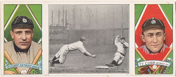 "Fast Work at Third" with Charles O'Leary and Ty Cobb, from the series Hassan Triple Folders (T202), Hassan Cigarettes (American), Commercial lithographs with half-tone photograph