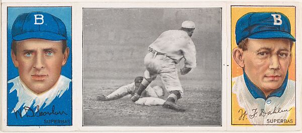 "Hartzell Covering Third," with W. D. Scanlan and William Dahlen, from the series Hassan Triple Folders (T202), Hassan Cigarettes (American), Commercial lithographs with half-tone photograph