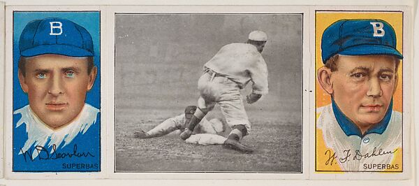 "Hartzell Covering Third," with W. D. Scanlan and William Dahlen, from the series Hassan Triple Folders (T202), Hassan Cigarettes (American), Commercial lithographs with half-tone photograph 