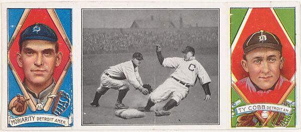 "Good Play at Third," with George Moriarty and Ty Cobb, from the series Hassan Triple Folders (T202), Hassan Cigarettes (American), Commercial lithographs with half-tone photograph