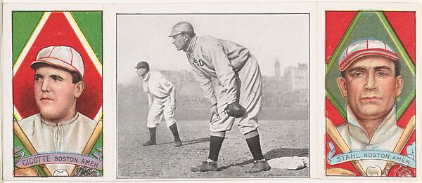 "Jake Stahl Guarding First," with Edward V. Cicotte and Jacob G. Stahl, from the series Hassan Triple Folders (T202), Hassan Cigarettes (American), Commercial lithographs with half-tone photograph