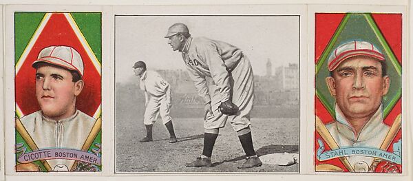 "Jake Stahl Guarding First," with Edward V. Cicotte and Jacob G. Stahl, from the series Hassan Triple Folders (T202), Hassan Cigarettes (American), Commercial lithographs with half-tone photograph 