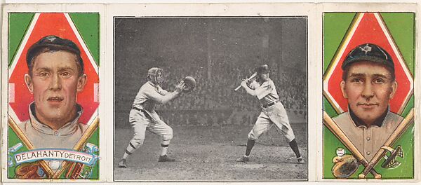 "Jim Delahanty at Bat," Joseph Delahanty and David Jones, from the series Hassan Triple Folders (T202), Hassan Cigarettes (American), Commercial lithographs with half-tone photograph