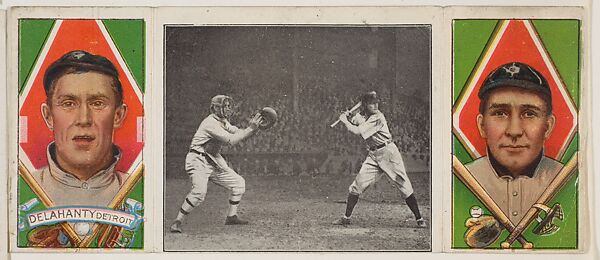 "Jim Delahanty at Bat," Joseph Delahanty and David Jones, from the series Hassan Triple Folders (T202), Hassan Cigarettes (American), Commercial lithographs with half-tone photograph 