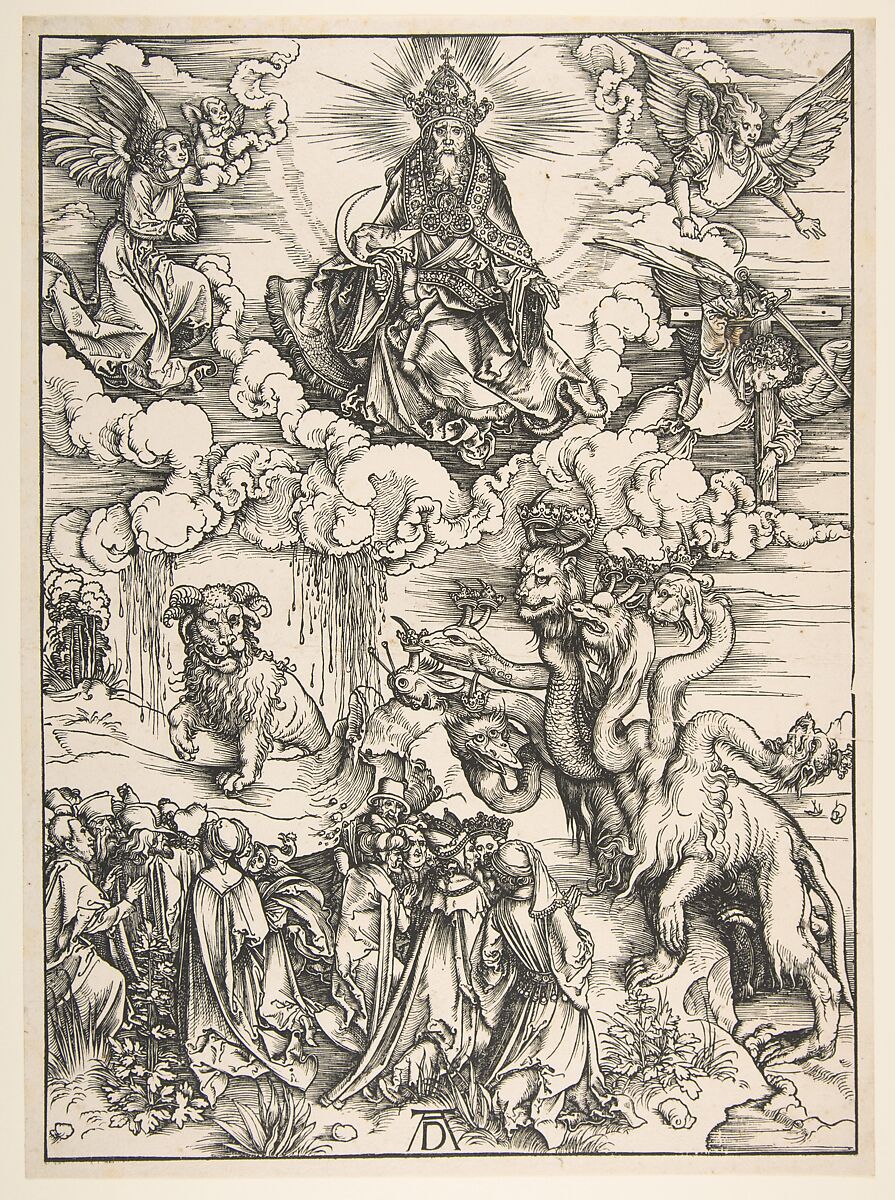 The Beast with Seven Heads and the Beast with Lamb's Horns, from the Apocalypse series, Albrecht Dürer (German, Nuremberg 1471–1528 Nuremberg), Woodcut 