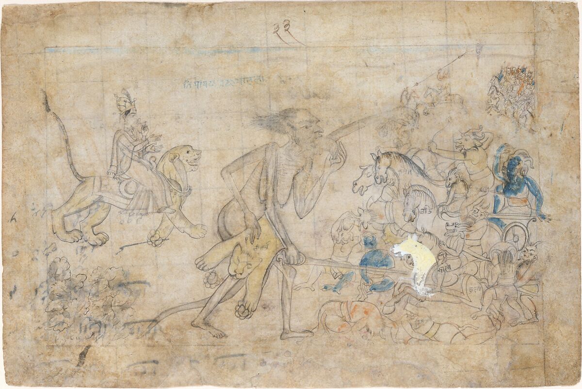 Durga and Kali Approach the Gathered Armies of Chanda and Munda: Scene from the Devi Mahatmya, Ink and opaque watercolor on paper, India (Himachal Pradesh, Guler) 
