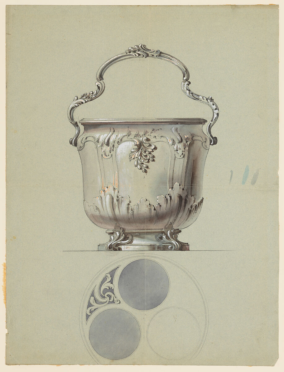 Design for a Silver Vessel (Wine Cooler?), (?) Anonymous, French, 19th century, Black and white chalk, brush and colored wash, heightened with gouache, over graphite 
