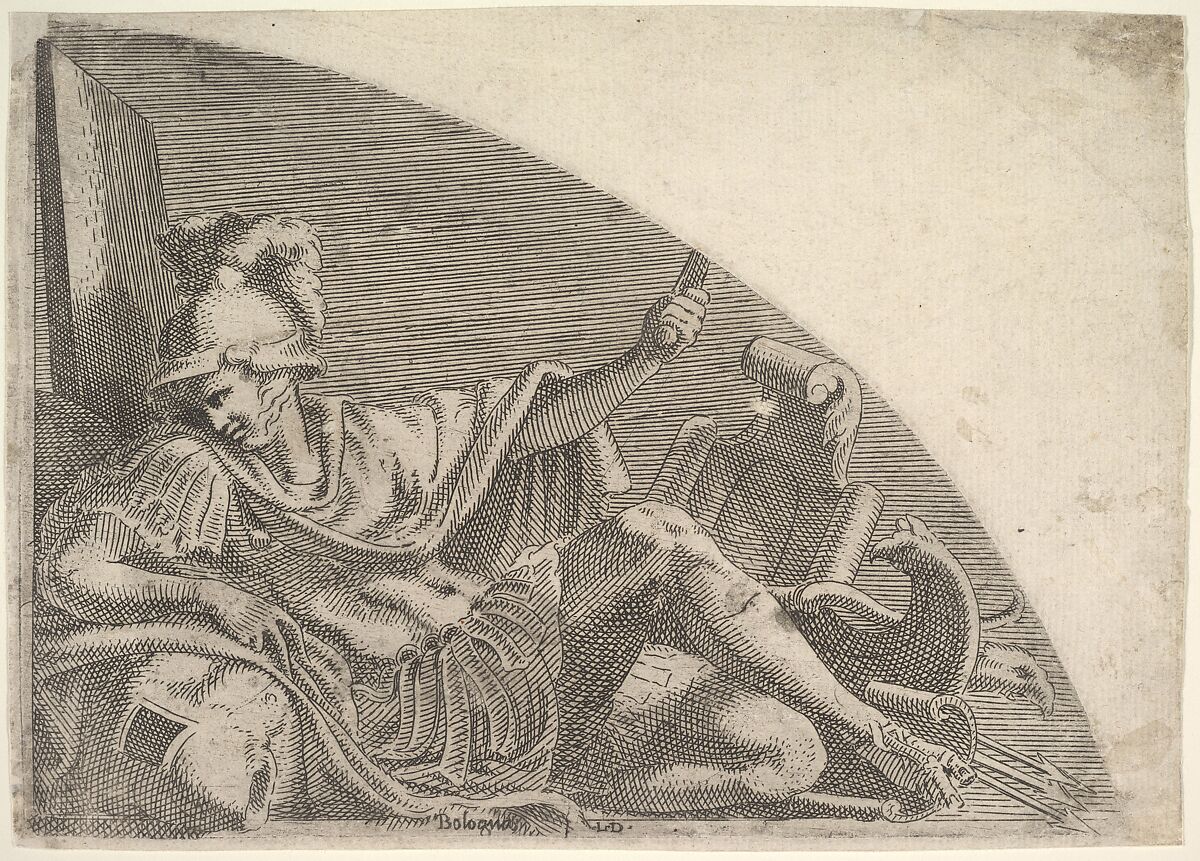 Mars Seated Amid Trophies, Léon Davent (French, active 1540–56), Etching 