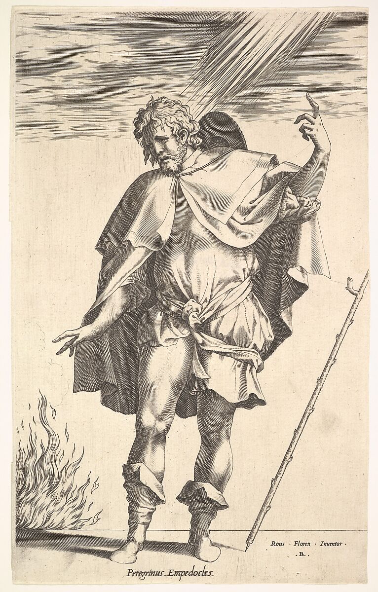 Empedocles, standing frontally with his head turned in three-quarter view, directs his gaze toward a flame (the crater of Mount Aetna?) emerging from a horizontal ground line, a walking stick leans toward the right margin, René Boyvin (French, Angers ca. 1525–1598 or 1625/6 Angers), Engraving 