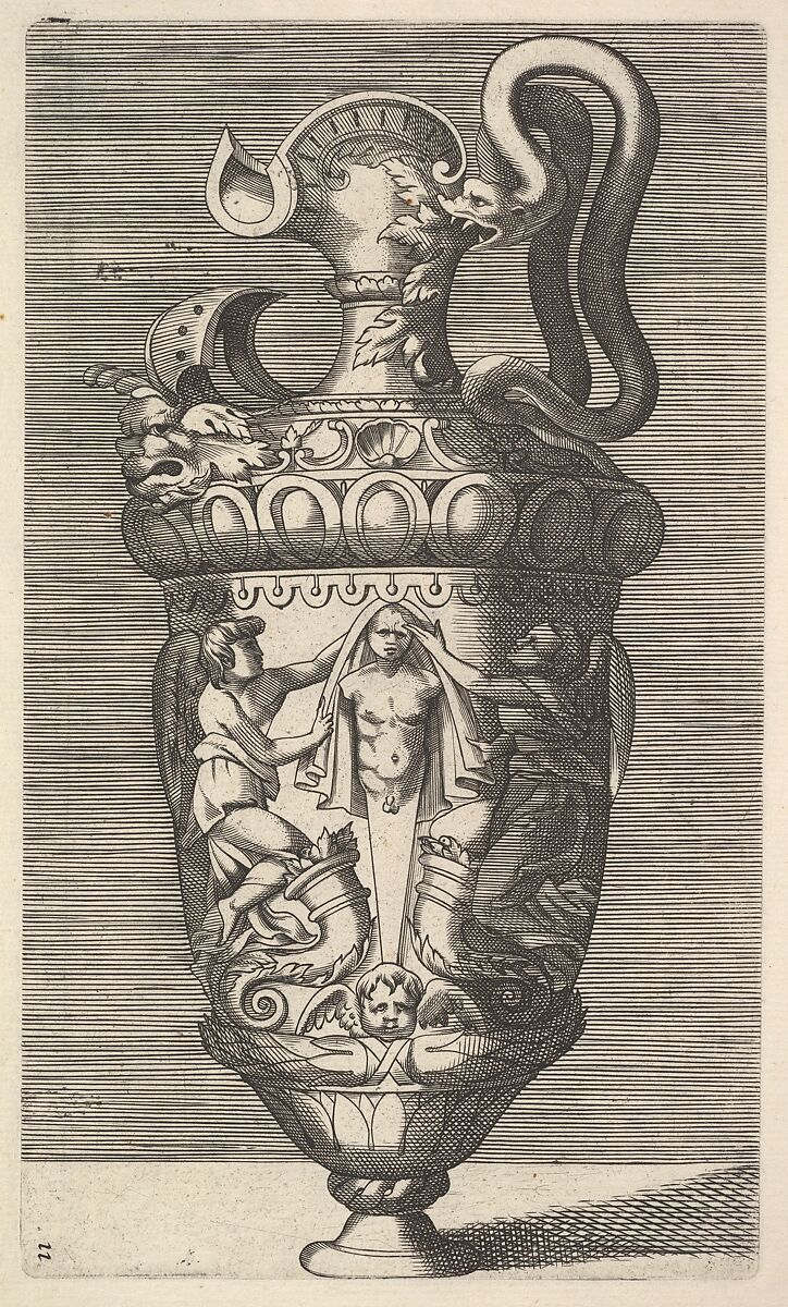 Vase with Two Winged Figures Draping a Term, Originally by René Boyvin (French, Angers ca. 1525–1598 or 1625/6 Angers), Engraving 