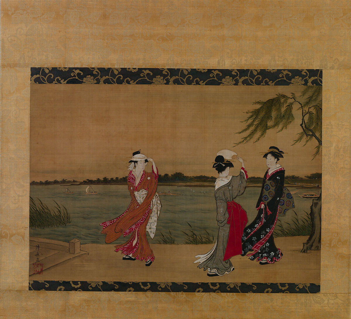 Three Girls on a Riverbank, Torii Kiyonaga (Japanese, 1752–1815), Hanging scroll; ink and color on silk, Japan 