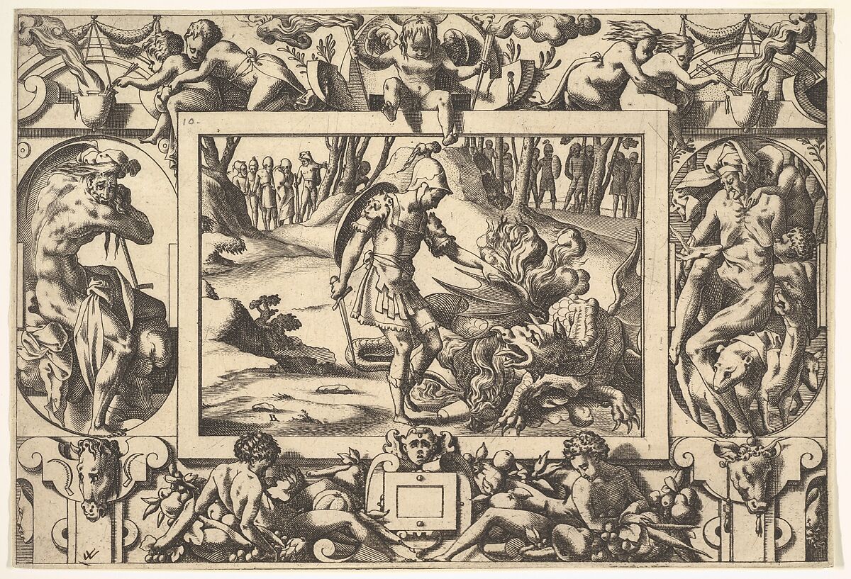 Jason Confronts the Dragon Guarding the Golden Fleece (Par tels assauts Jason va travaillant le fier dragon de nuit et jour veillant...), from "Jason and the Golden Fleece", René Boyvin (French, Angers ca. 1525–1598 or 1625/6 Angers), Engraving 