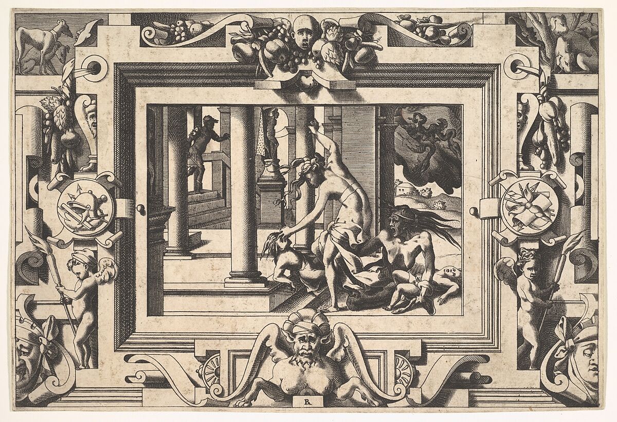Medea Kills her Two Children by Jason (Pour qui d'Absyrte a le sang repandu, fait que du sien le tort lui soit rendu...), from "Jason and the Golden Fleece", René Boyvin (French, Angers ca. 1525–1598 or 1625/6 Angers), Engraving 