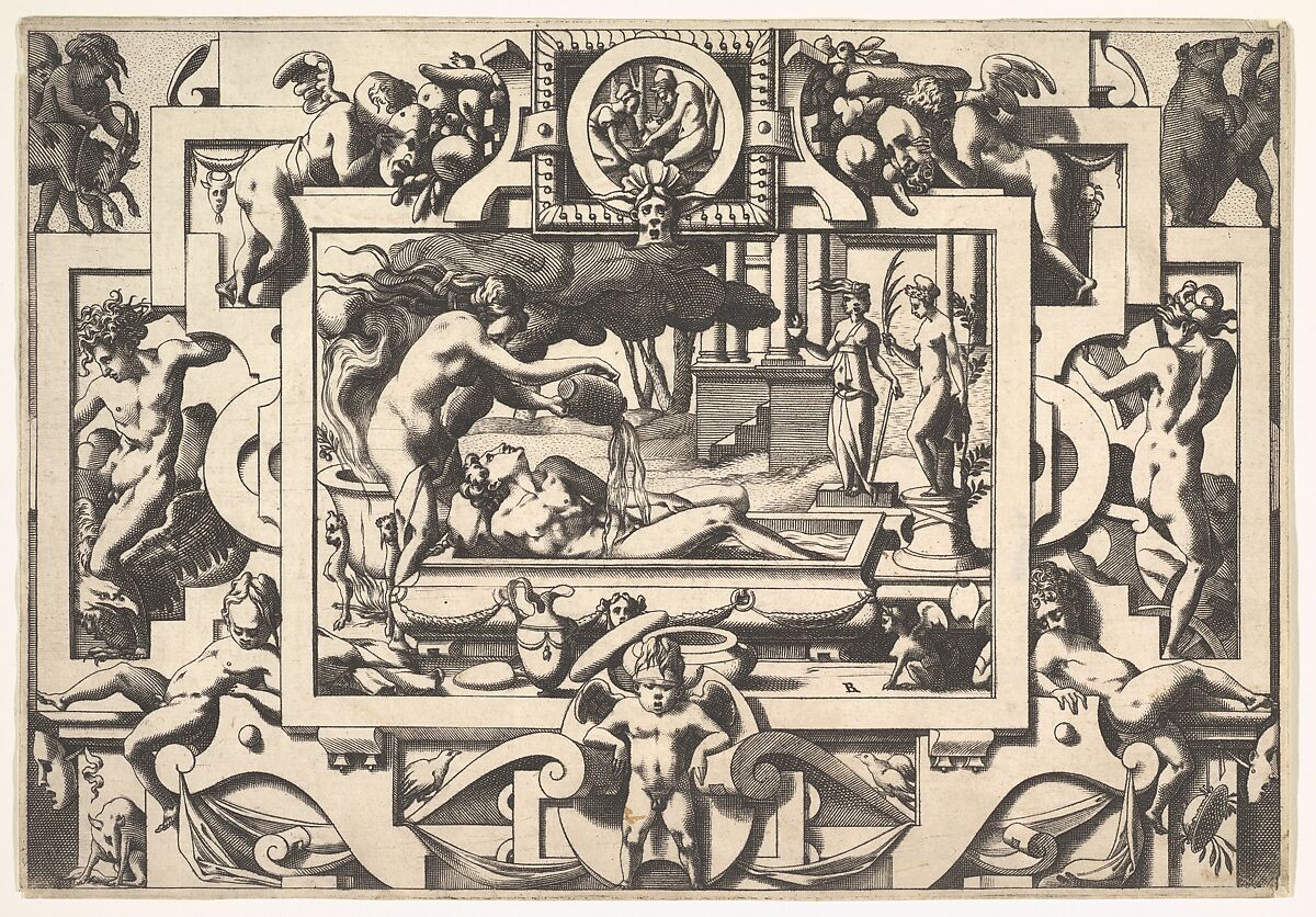 Medea Pours a Magic Potion over Jason (Le roi Aeson tant caduque et chénu en une cuve elle couche tout nu...), from "Jason and the Golden Fleece", René Boyvin (French, Angers ca. 1525–1598 or 1625/6 Angers), Engraving 