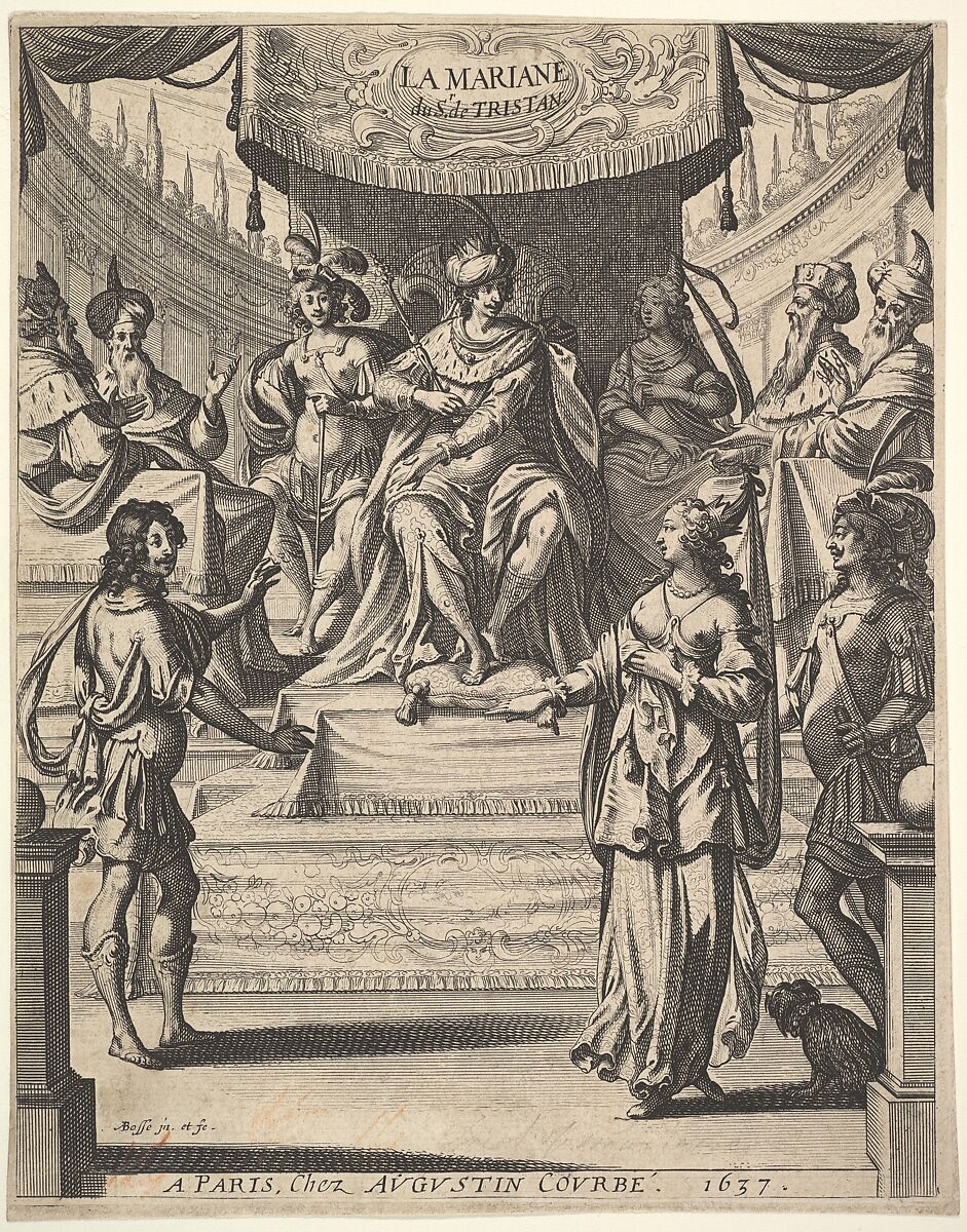 Frontispiece for "Tristan L'Hermite": Marianne standing to right before Herod and his court at top center, being accused by the butler at left of poisoning her husband, Abraham Bosse (French, Tours 1602/04–1676 Paris), Etching; first state of three 