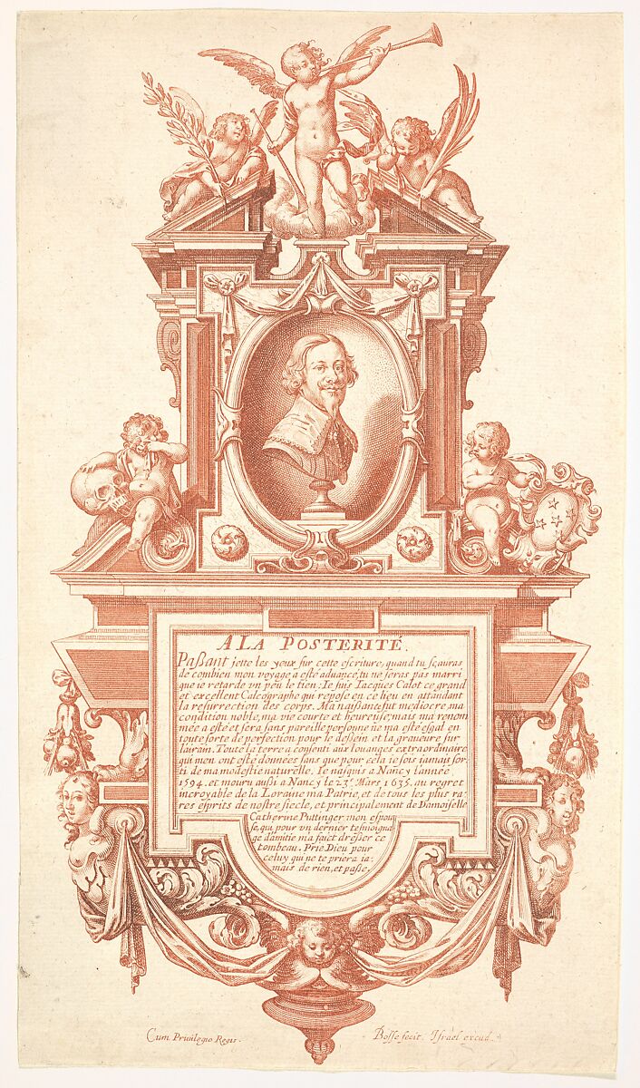 Epitaph and Portrait of Jacques Callot, Abraham Bosse (French, Tours 1602/04–1676 Paris), Etching and engraving in red ink; third state of four 