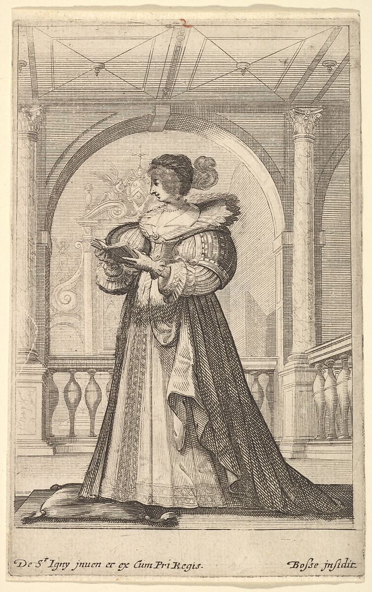 A woman standing, facing the left in profile, wearing a hat and a lace collar, reading from a prayer book, from "French Nobility at Church", Abraham Bosse (French, Tours 1602/04–1676 Paris), Etching 