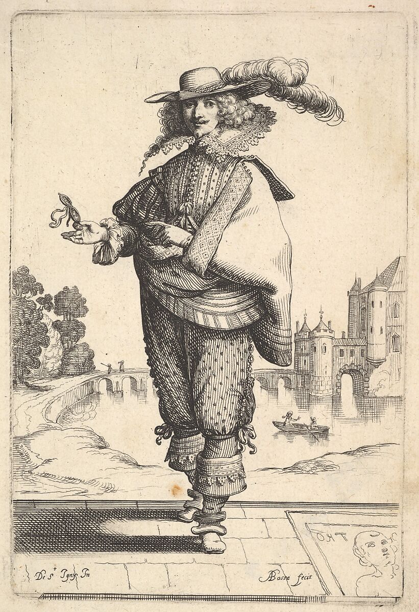 A gentleman standing in front of a large castle and wearing a plumed hat and a lace collar, the tomb with an engraving of the head of a woman on the ground to right, from "The Garden of the French Nobles In Which One Can Pick Up Their Way of Dressing", Abraham Bosse (French, Tours 1602/04–1676 Paris), Etching 