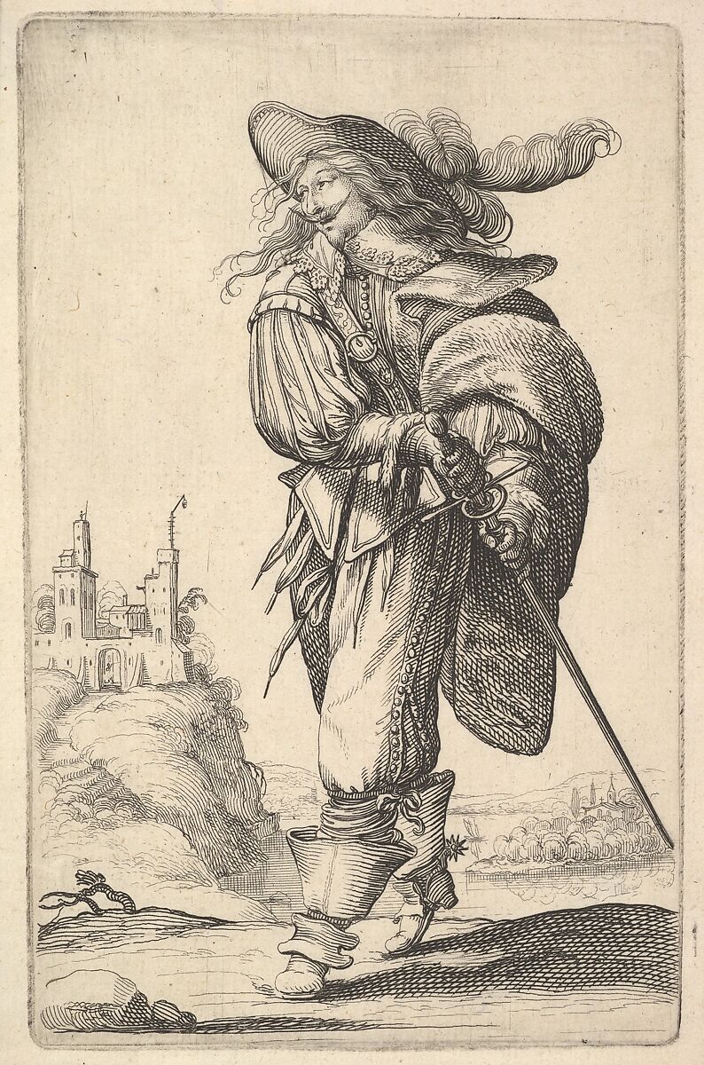 A gentleman, walking towards the left and drawing his sword from the sheath, wearing a plumed hat and boots with spurs, from "The Garden of the French Nobles In Which One Can Pick Up Their Way of Dressing", Abraham Bosse (French, Tours 1602/04–1676 Paris), Etching 