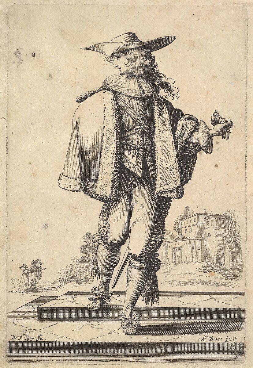A gentleman walking forward, his face in profile to the left, holding his glove in his right hand and wearing a hat, a fur jacket, and shoes with ribbons, from "The Garden of the French Nobles In Which One Can Pick Up Their Way of Dressing", Abraham Bosse (French, Tours 1602/04–1676 Paris), Etching; first state of two 