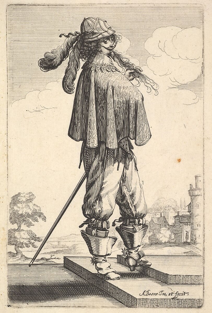 A gentleman wearing a short coat, a helmet, and boots with spurs, standing on the steps and turned towards the right, from "The Garden of the French Nobles In Which One Can Pick Up Their Way of Dressing", Abraham Bosse (French, Tours 1602/04–1676 Paris), Etching; first state of two 